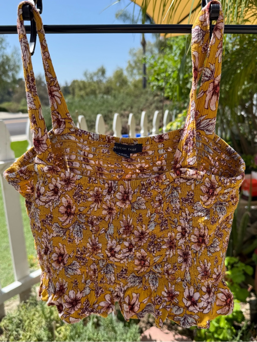 American Eagle Mustard Floral Smocked Crop Tank Top Size S